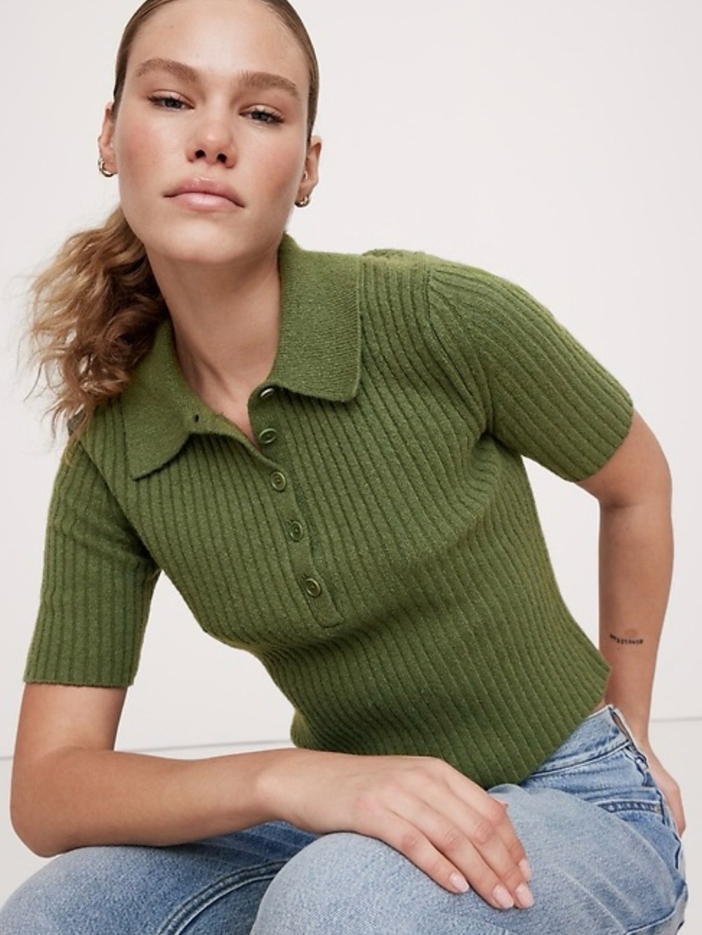 Banana Republic Ribbed Cropped Sweater Polo in Leafy Green XL